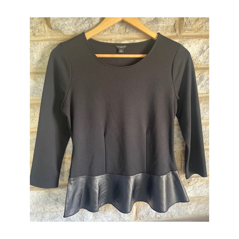 Ann Taylor Petite Black Peplum Top Faux Leather Hem Long Sleeve Blouse SP 318963